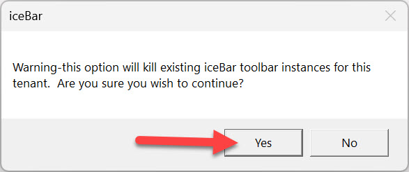 Screenshot iceBar restart message about killing existing toolbar