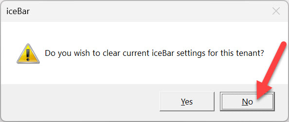 Screenshot iceBar restart second message asking if you want to clear settings