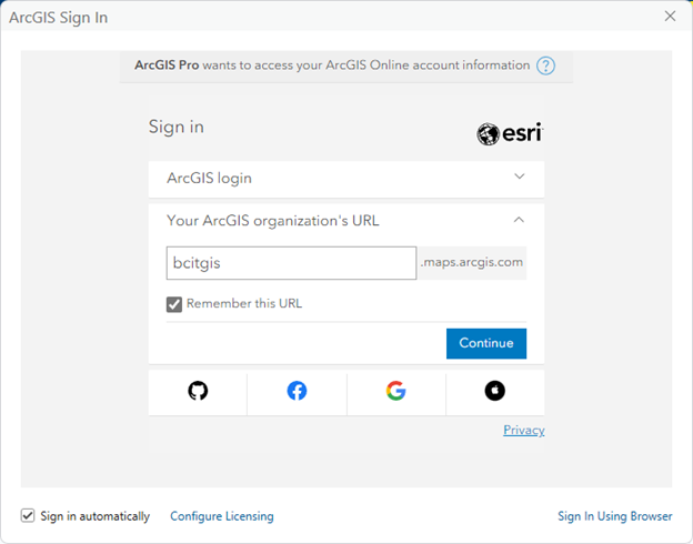 ArcGIS sign in page, showing bcitgis entered under your arcGIS organization's URL