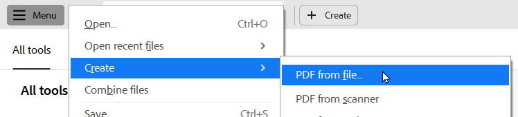 Adobe Acrobat Menu dropdown showing Create and PDF from file selected