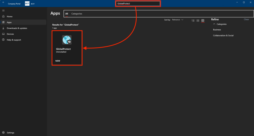 Company Portal search result for GlobalProtect VPN