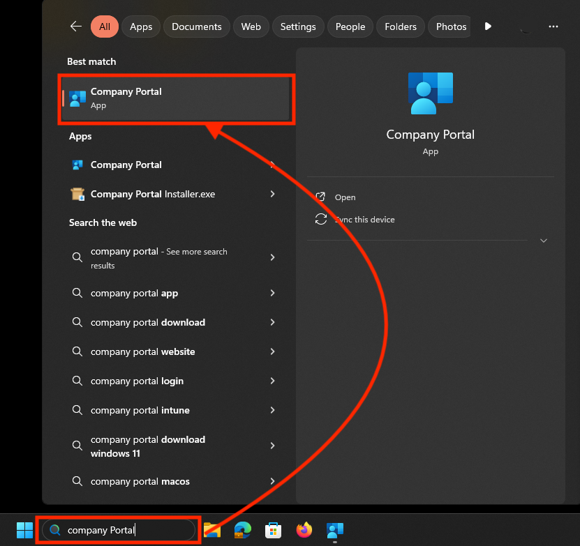 Screenshot of Windows Search bar result for Company Portal