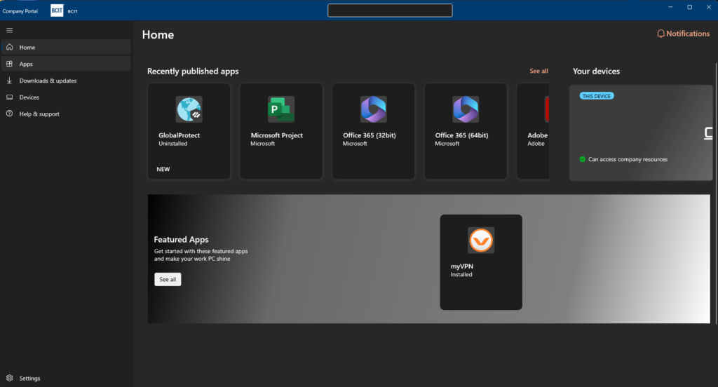 Screenshot of Company Portal