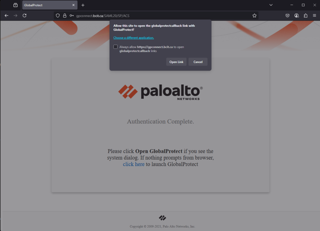 Screenshot of Palo Alto Branded webpage asking to Open GlobalProtect