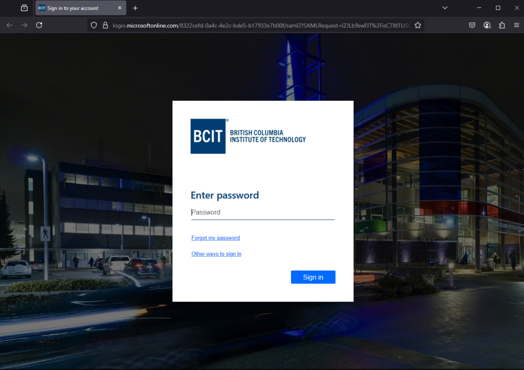 Screenshot of the standard BCIT web login