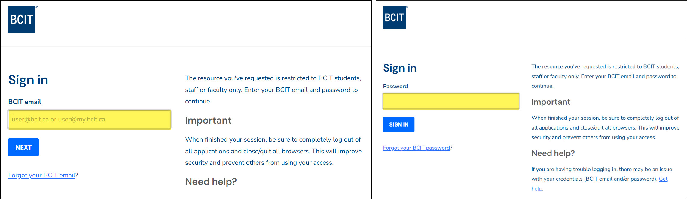 Screenshot logging into BCIT systems with email and password