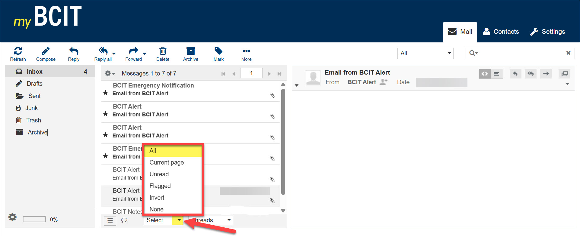 Screenshot myBCIT email and clicking Select and ALL to highlight all emails in Inbox