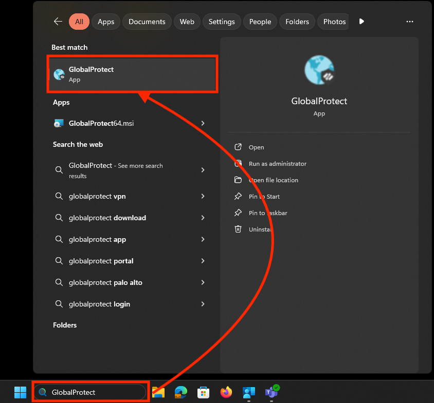 Screenshot of Windows Search result for GlobalProtect
