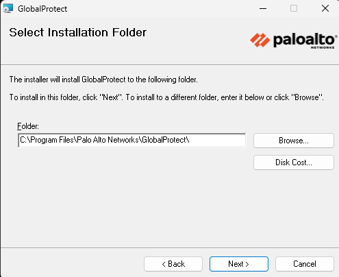 Windows GlobalProtect Install Directory screen.