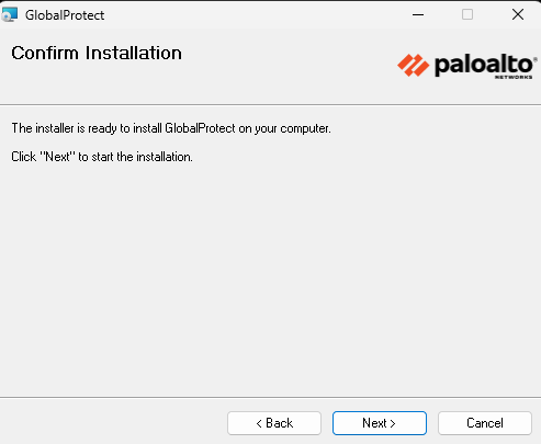 Windows GlobalProtect Installation Confirm Screen