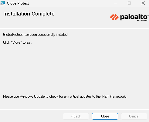 Windows GlobalProtect Installation Complete screen