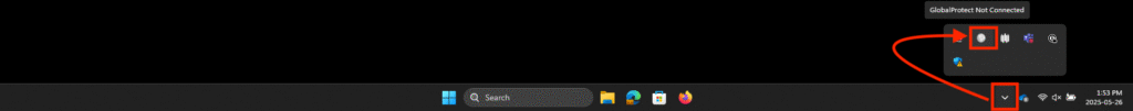 Windows GlobalProtect Icon system tray location, bottom right of the windows desktop