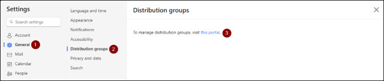 Screenshot Outlook Settings menu and selecting General and then Distribution Groups