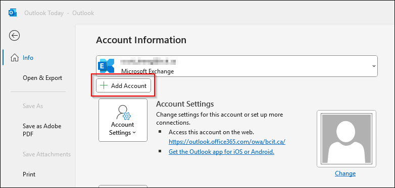 Screenshot Outlook Classic selecting Add Account