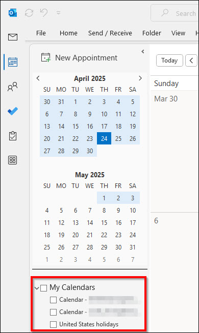 Screenshot Outlook My Calendars