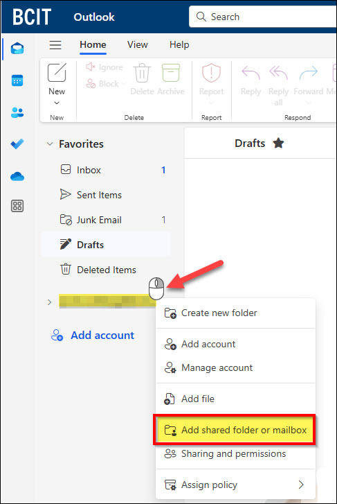 Screenshot Outlook Adding a shared folder or mailbox