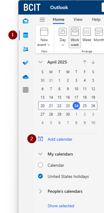 Screenshot Outlook Calendar View and click on Add Calendar