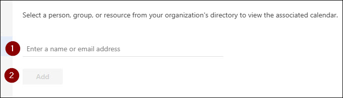 Screenshot Outlook typing in name or email of calendar you want to add