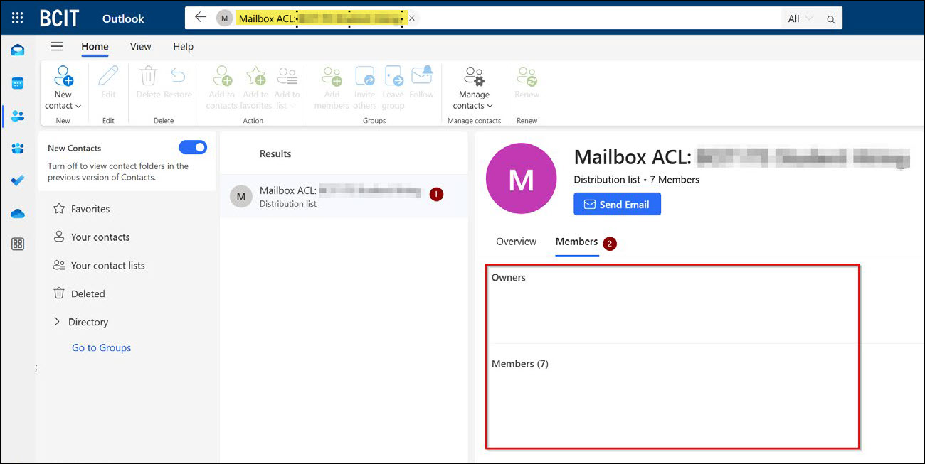 Screenshot Outlook Shared Mailbox and viewing the owners and members
