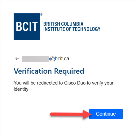 Screenshot of signing in and Verification Required box and click Continue