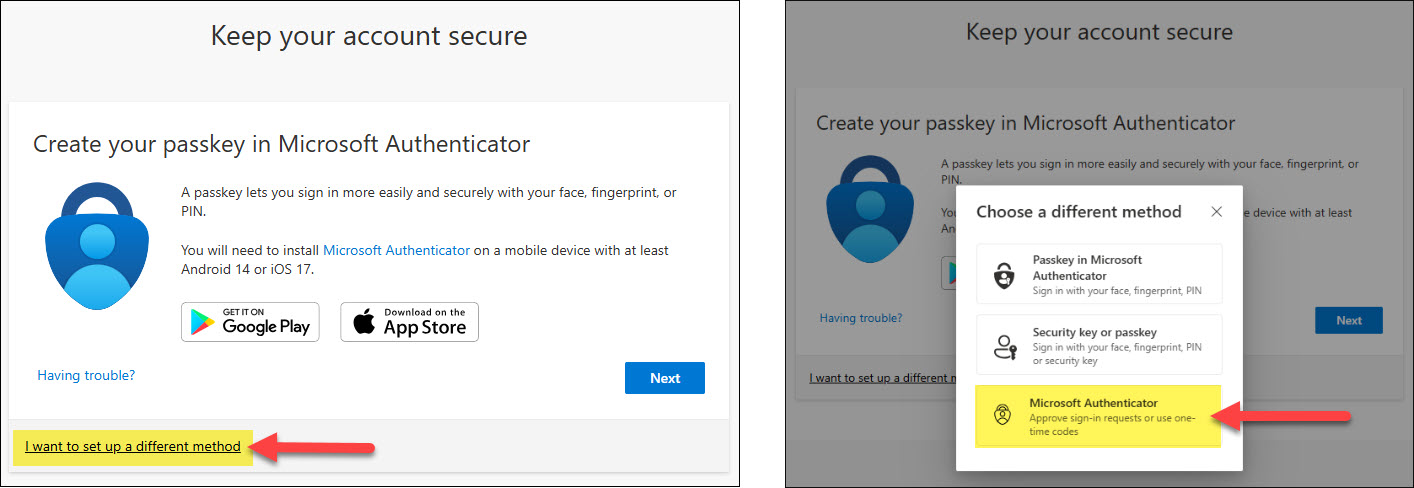 Screenshot transition to MS Authenticator and asking to create passkey screen