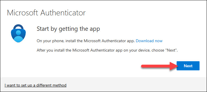 Screenshot Microsoft Authenticator prompt to Start by getting the app and click Next