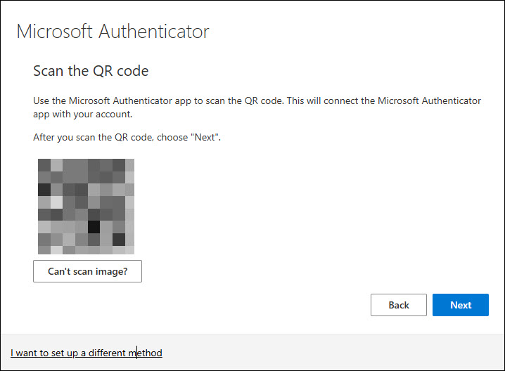 Screenshot Microsoft Authenticator prompt to Scan the QR code