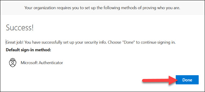 Screenshot Microsoft Authenticator complete enrollment success click Done