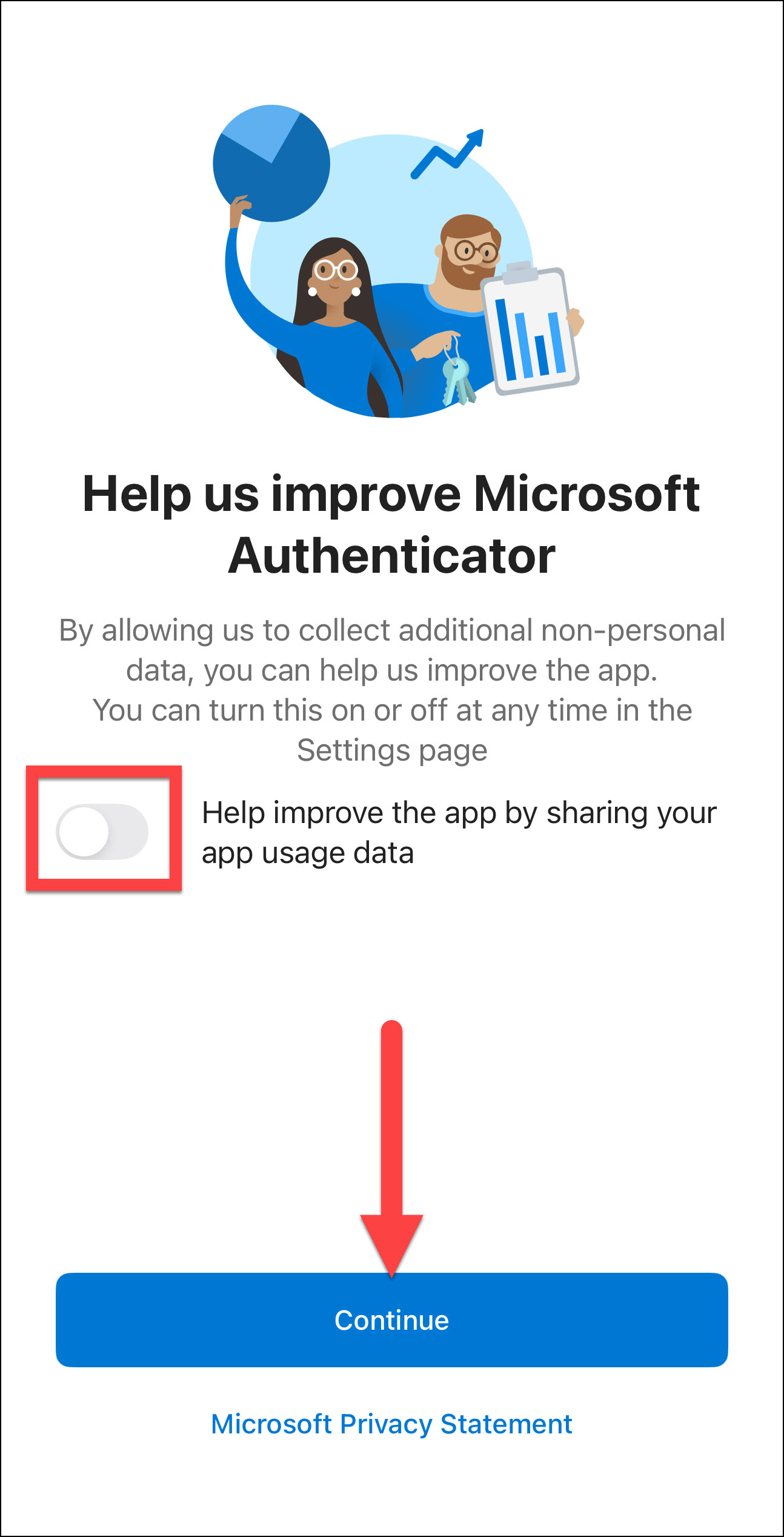 Image Microsoft Authenticator app sharing app usage data click Continue