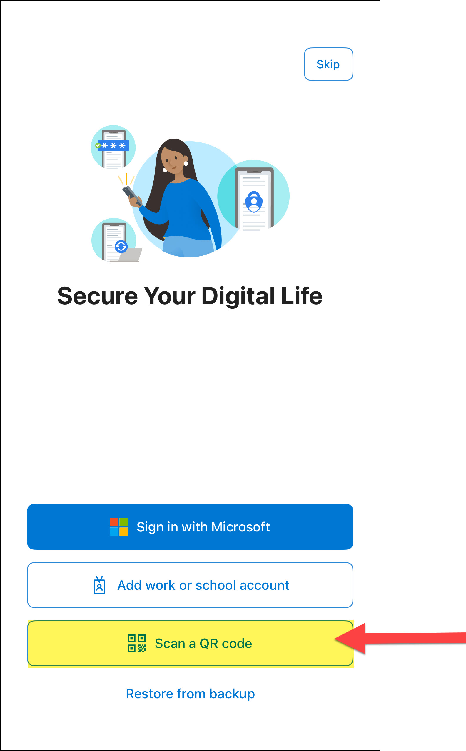 Screenshot Microsoft Authenticator app Secure Your Ditgital Life and click Scan a QR Code