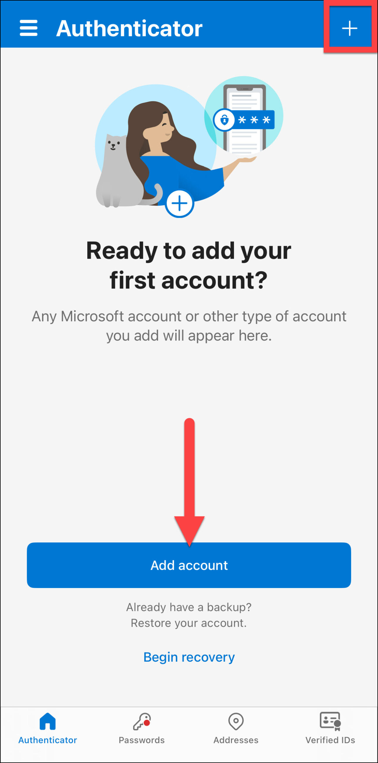 Image Microsoft Authenticator app Ready to add your first account and click + button