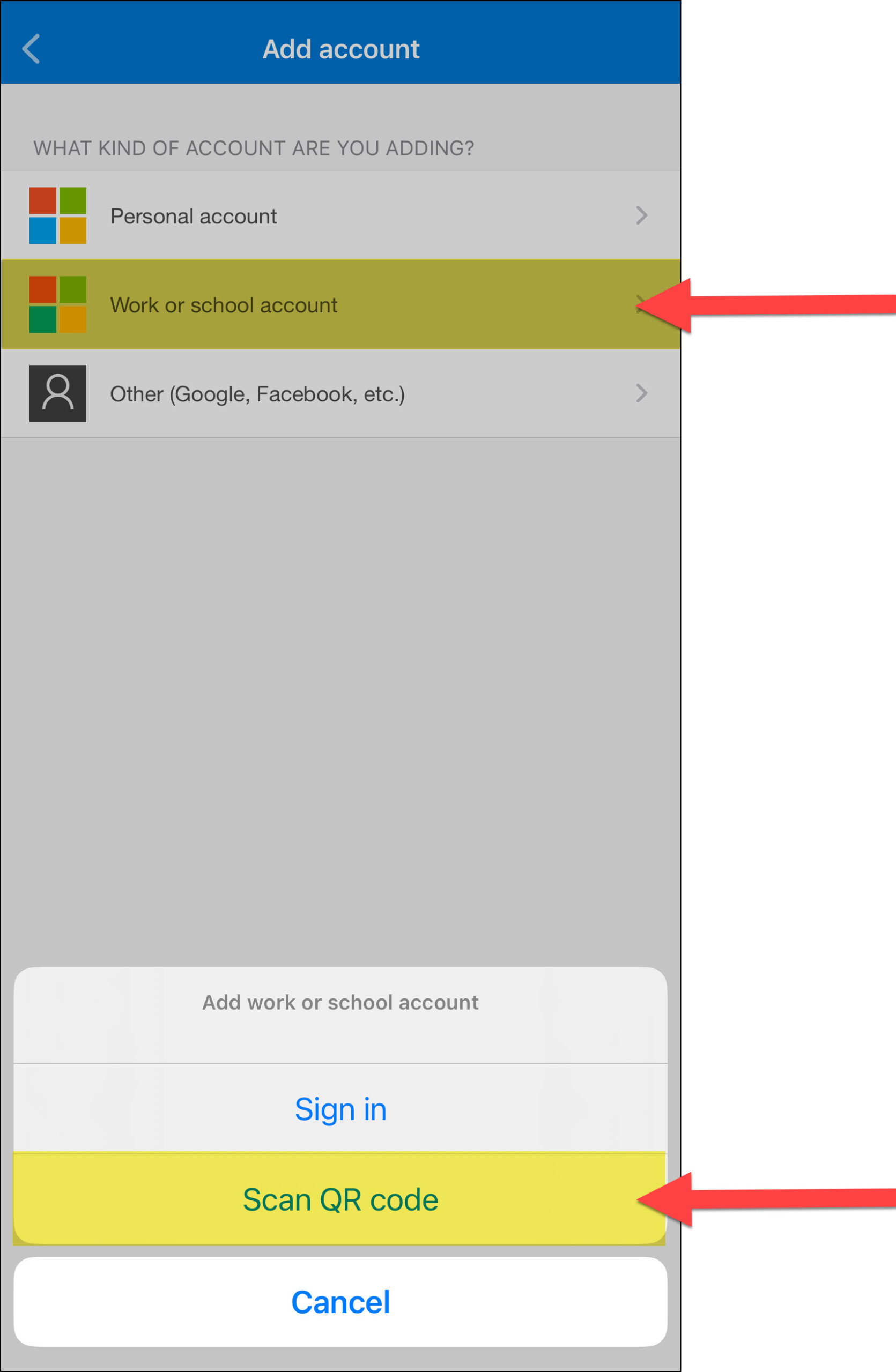 Image Microsoft Authenticator app Adding account and click on Work or school account and then Scan QR code