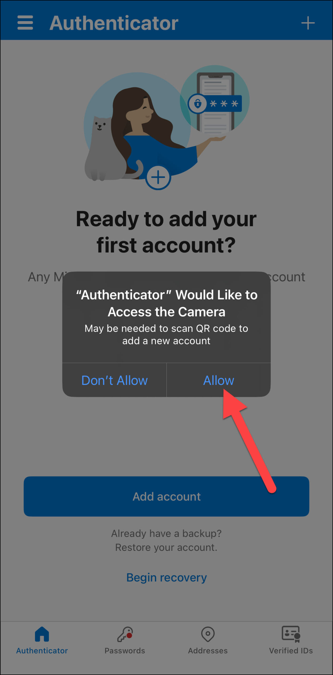 Screenshot Microsoft Authenticator app requesting to access the camera