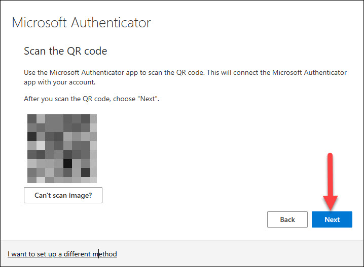 Screenshot Microsoft Authenticator Scan the QR Code screen and click Next