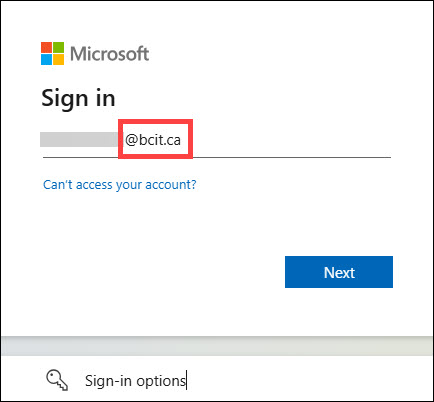 Screenshot of Microsoft MFA sign up screen and entering your BCIT employee email address
