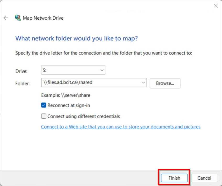 Screenshot of clicking on the Finish button after mapping your network drive