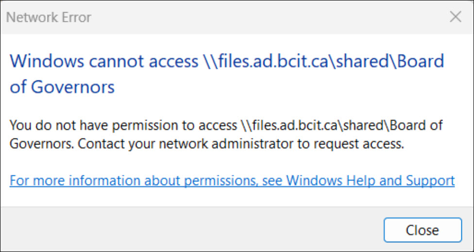 Screenshot of error message Windows cannot access files because permissions