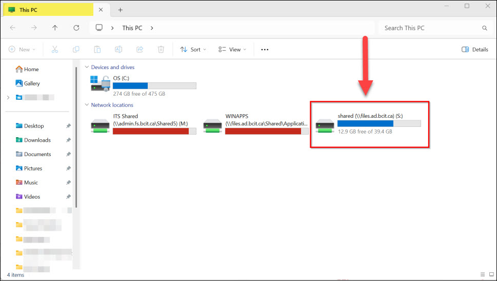 Screenshot getting to the S drive from your network