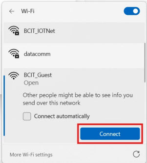Screenshot of selecting BCIT_Guest wifi