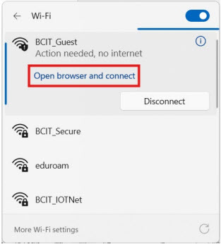 Screenshot of in BCIT_Guest wifi and clicking on Open browser and connect