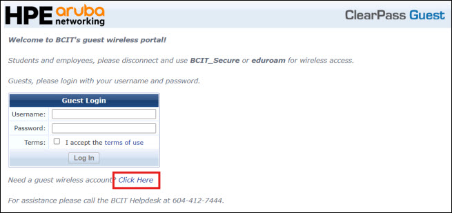 Screenshot of selecting Click Here when submitting a request for guest wifi