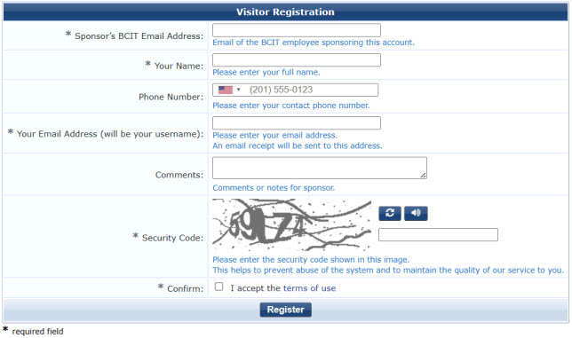 Screenshot of submitting online registration for Guest wifi and filling in Visitor Registration info