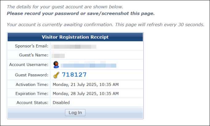 Screenshot of online registration for Guest wifi and receiving your Guest Password