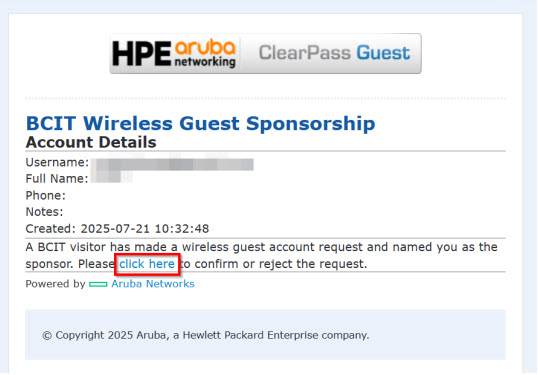 Screenshot of when request Guest wifi and BCIT sponsor must select Click Here