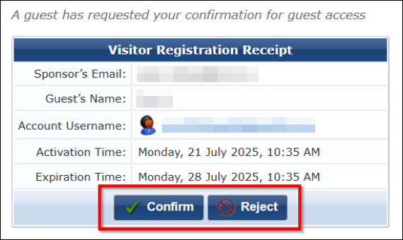 Screenshot of when requesting Guest WiFi and Sponsor must select Confirm or Reject