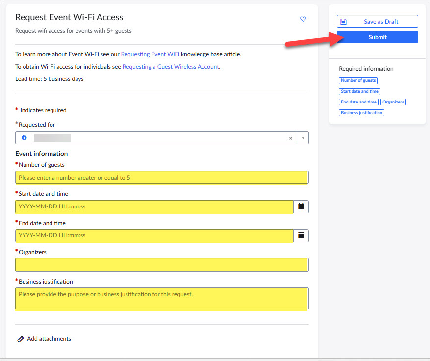 Screenshot of Request Event WiFi Access form in ServiceBCIT