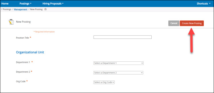 Screenshot of PeopleAdmin Create New Posting button