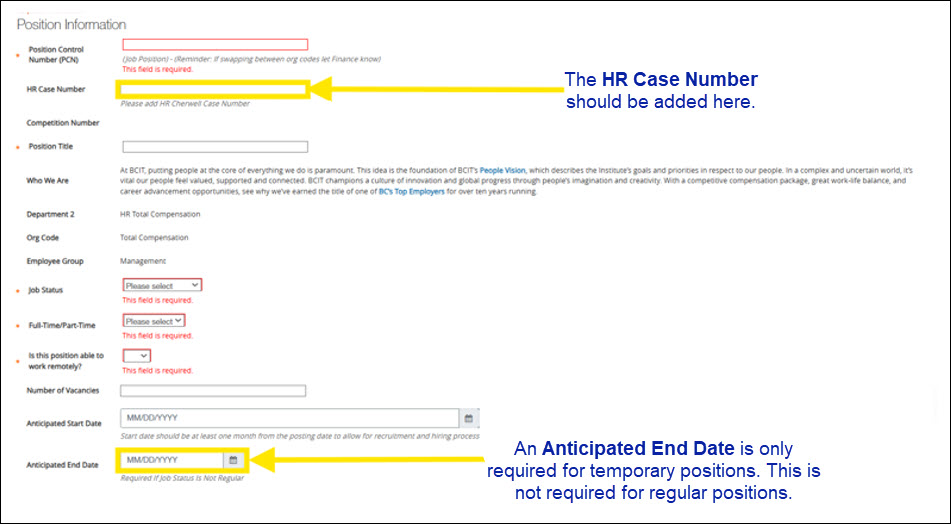 Screenshot of PeopleAdmin when filling in the Position Infomation screen