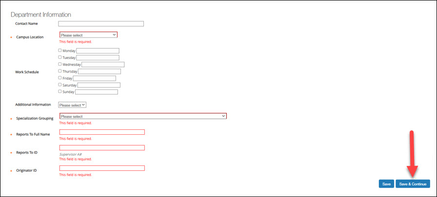 Screenshot of PeopleAdmin and filling out Department Information screen