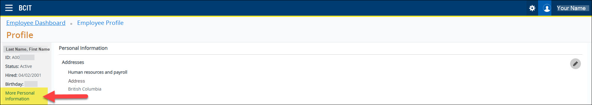Screenshot Employee Dashboard and selecting More Personal Information button